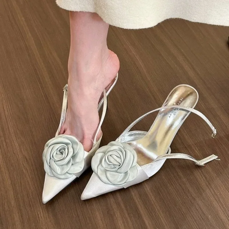 

Sweet Flowers Designer Women Pointed Toe Stiletto Sandals Summer 2024 Dress Slippers Party Flip Flops High Heels Women Slippers