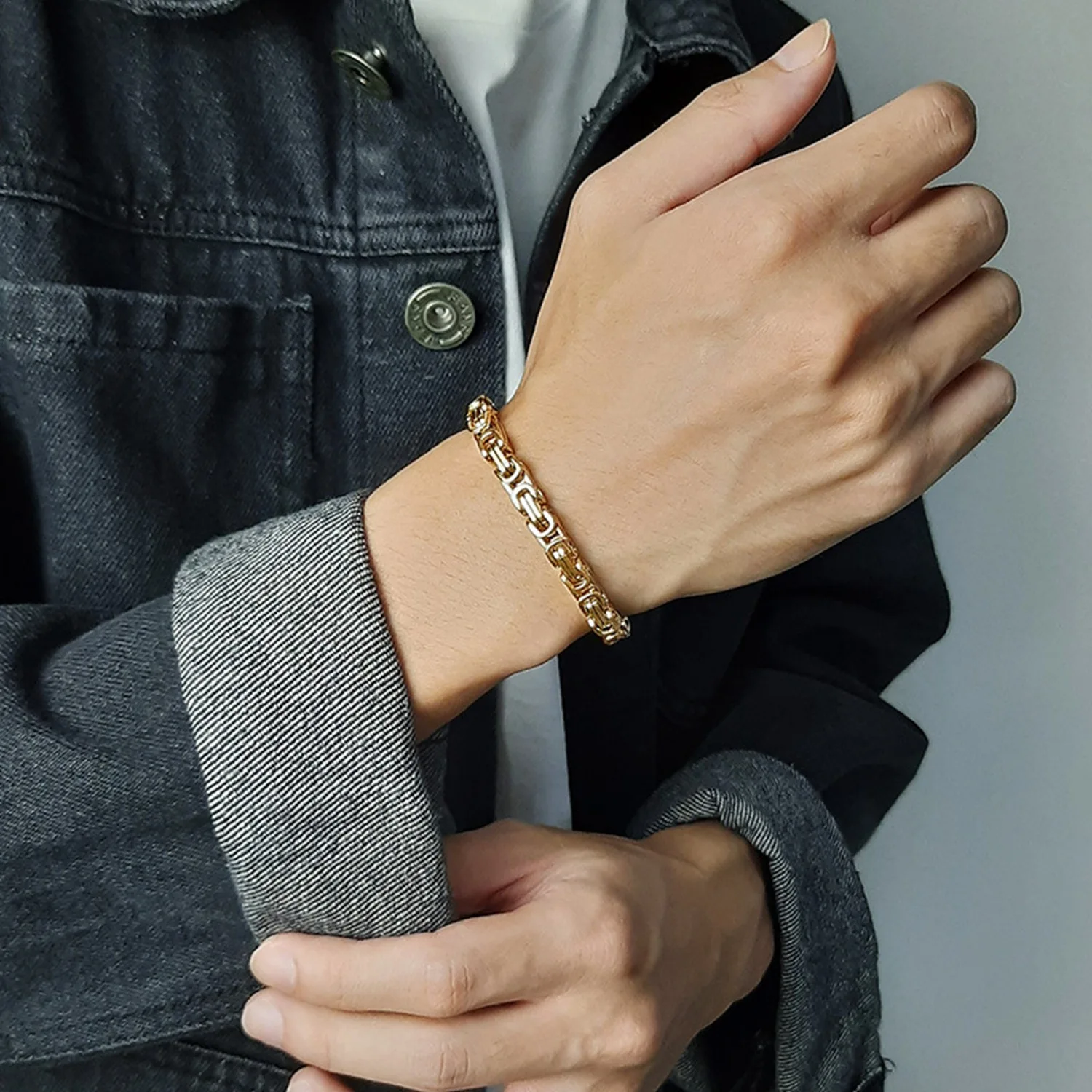 Hip-Hop-Punk Edelstahl Byzantinisches Kettenarmband Retro Goldfarben Herrenarmband Mode Party Schmuck Accessoires – Detail 1