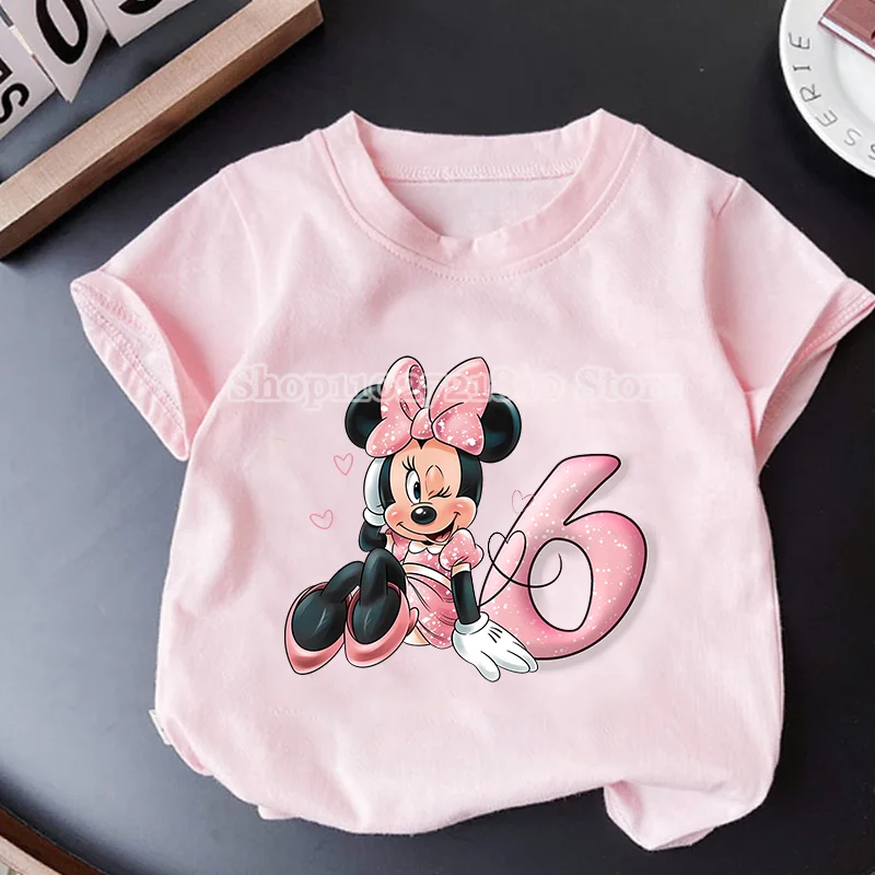 Camiseta de Mickey Minnie Mouse, ropa rosa de dibujos animados, Tops básicos simples con números de personalidad, camisas absorbentes para niñas, regalo de cumpleaños