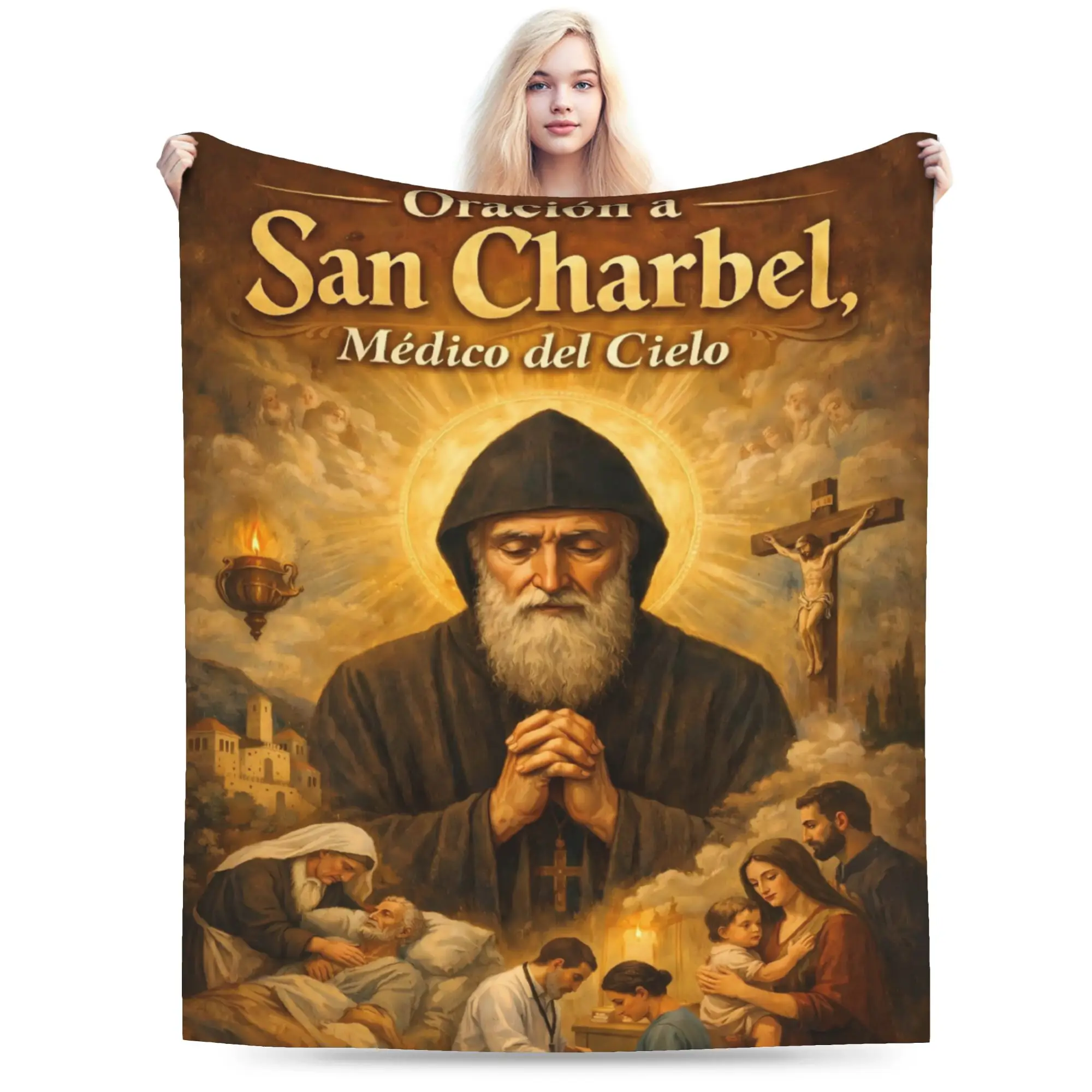Blessed Saint Charbel Gold Chalice Icon Blanket  Picnic Flannel Throw Blanket For Outdoor Warm Soft Quality Bedspread Gift Idea