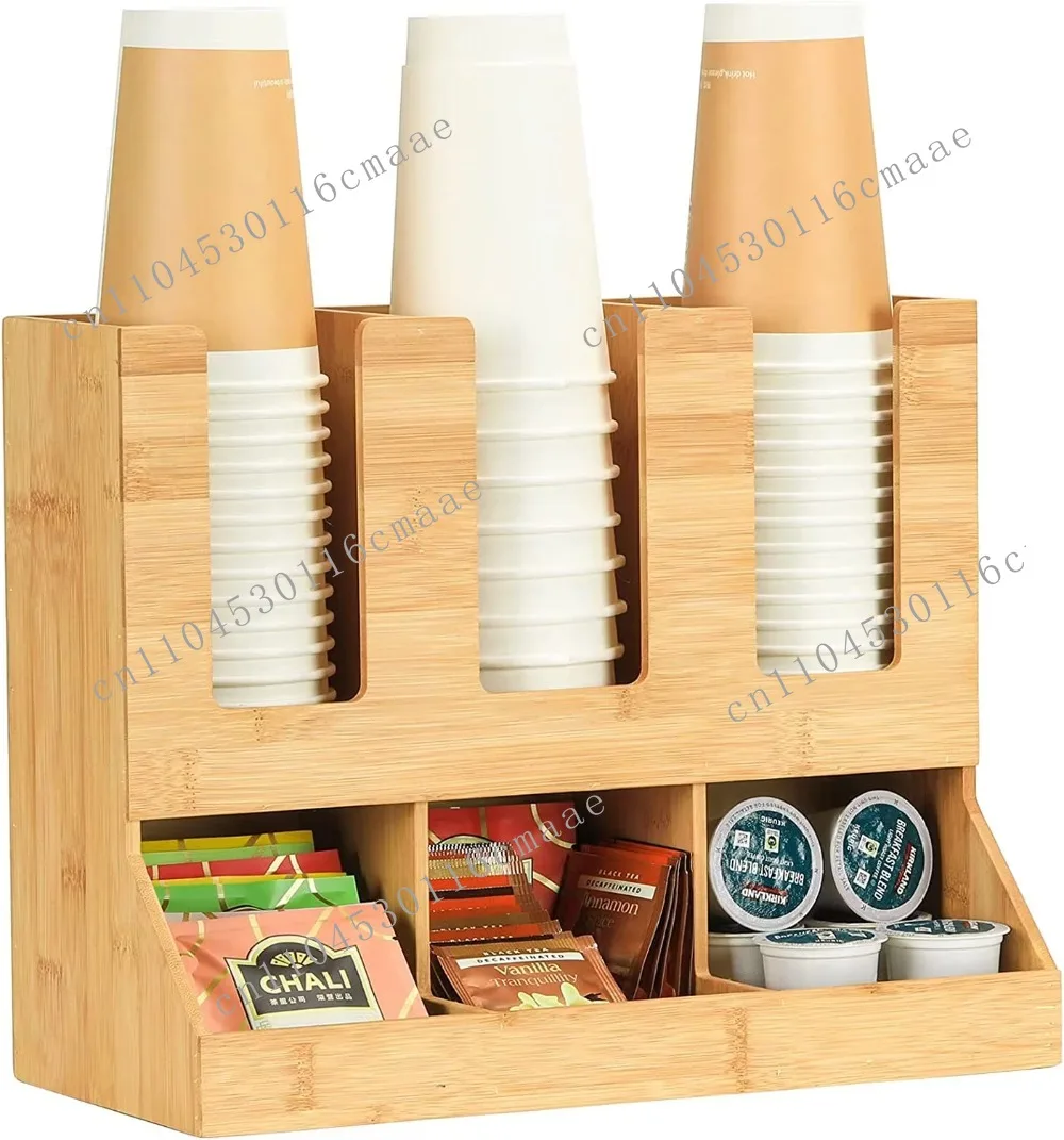 Bamboo Coffee Station Organizer 6 Compartments Condiment Rack Breakroom Accessories Caddy for K-Pods Snack Tea Bags Disposable