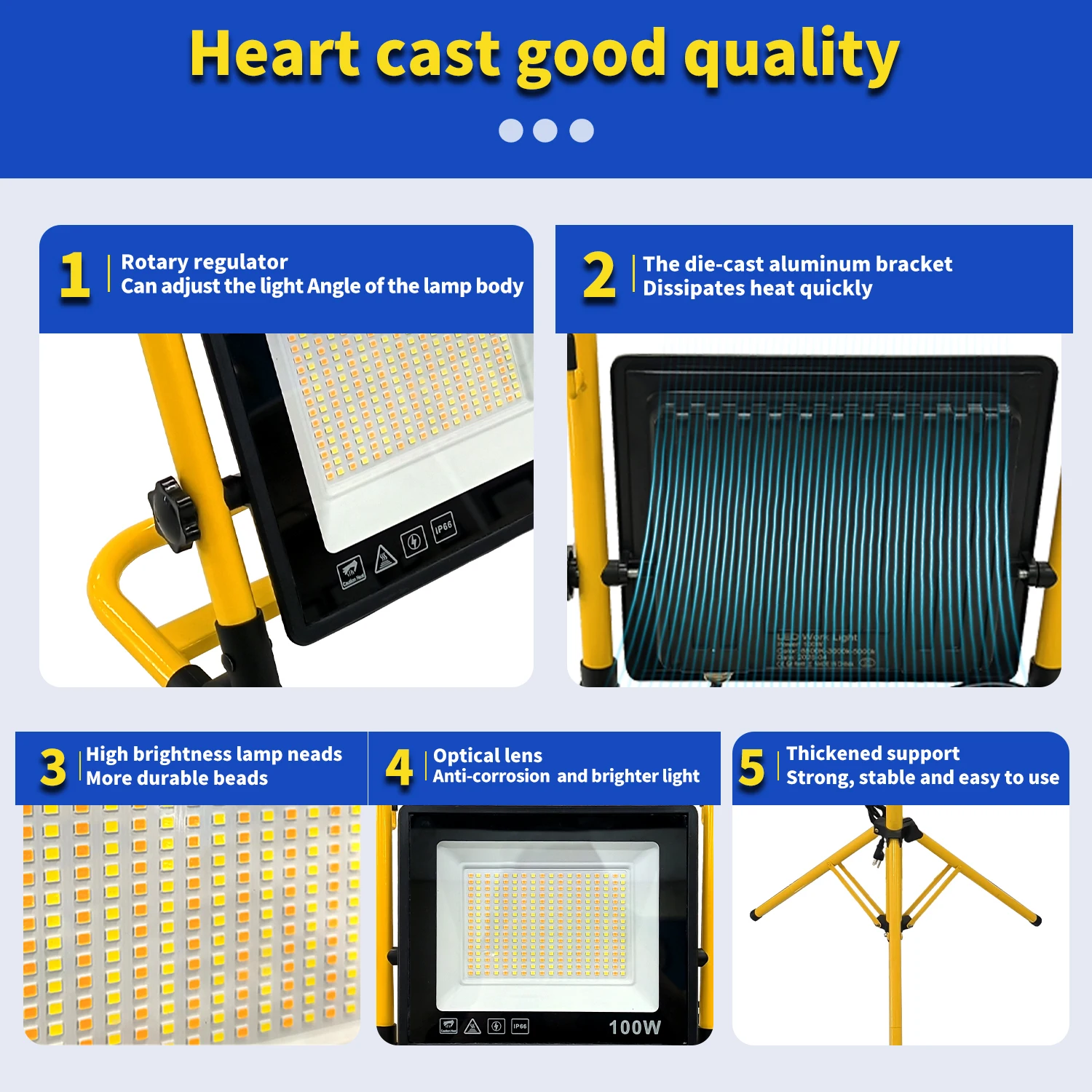 أضواء العمل مع حامل، ضوء العمل LED عالي السطوع، مصباح مقاوم للماء مع مفتاح فردي، حامل ثلاثي معدني قابل للتعديل