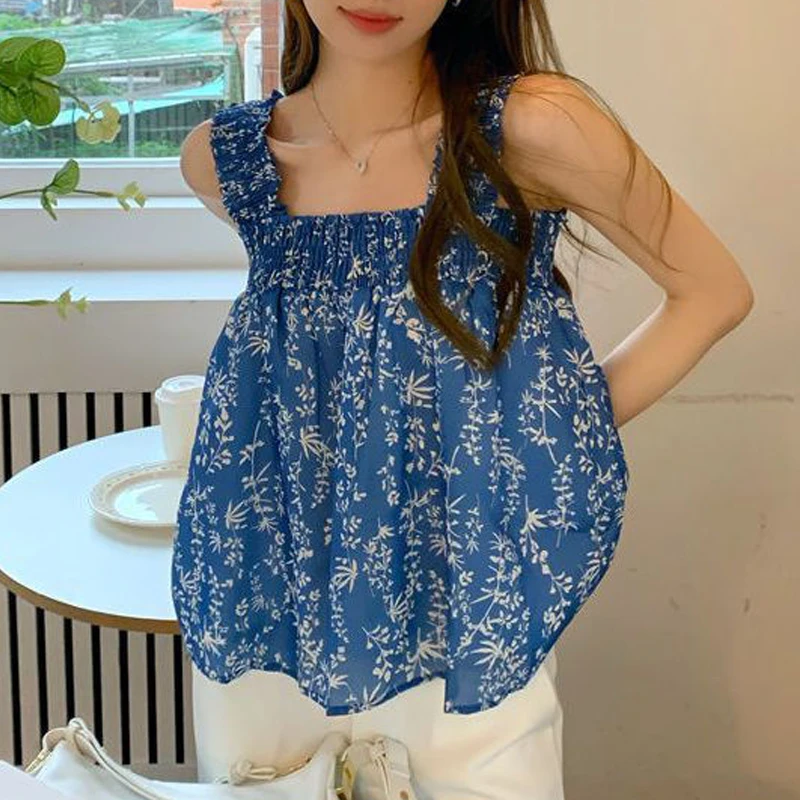 2023 Women Square Collar Floral Print Tank Tops Summer Trendy Kawaii Sweet Chic Loose Camisole Casual Streetwear Sleeveless Vest