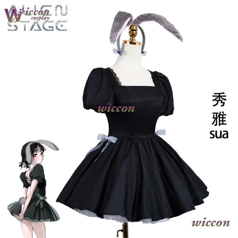 

YesOk Bunny Anime Alien Stage Mizi Sua Косплей Aniplus Cafe Черное платье Наряд Банни Платье для девочек Хэллоуин Женская одежда Парик