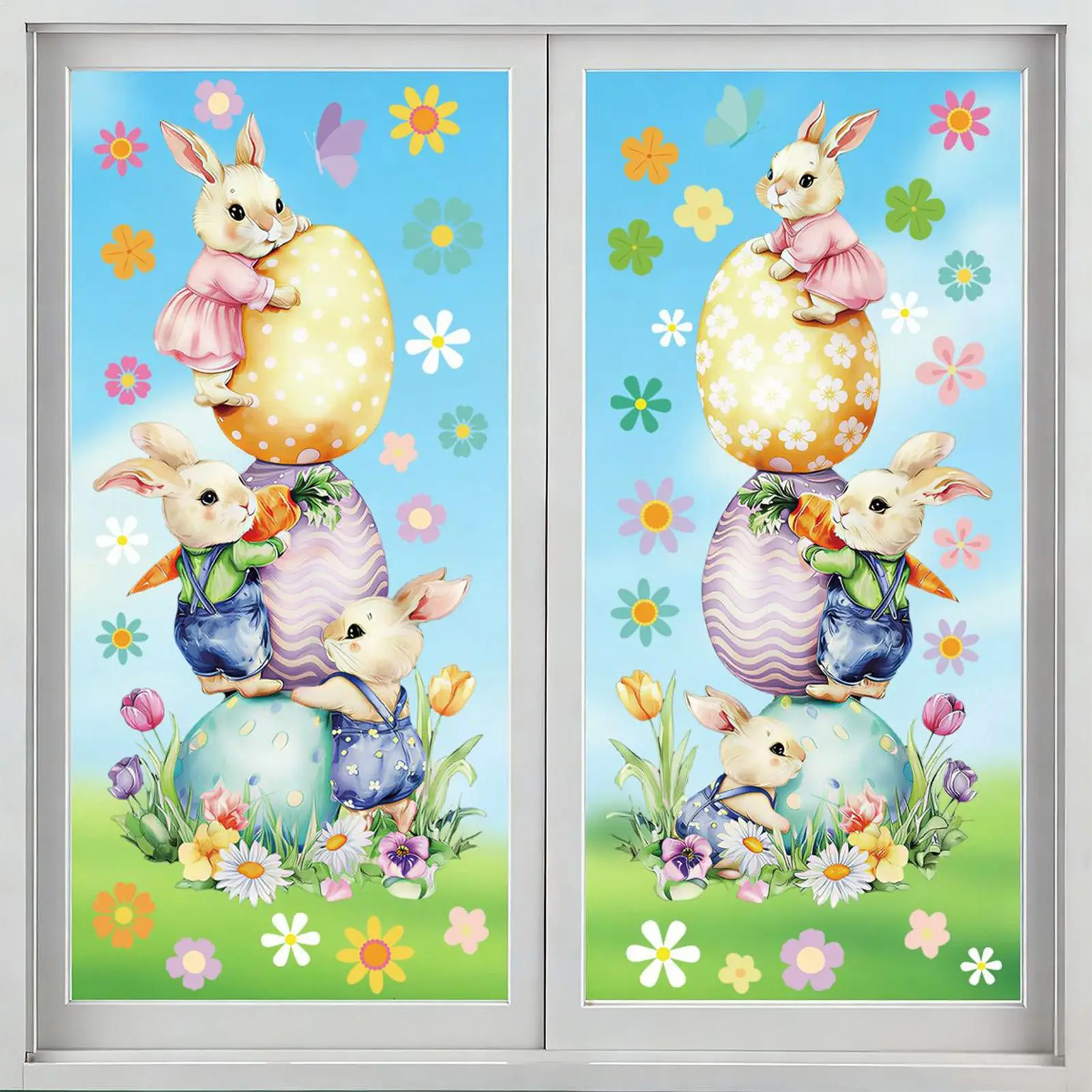 Oster-Fensteraufkleber, 2 Stück, Hase, Kaninchen, Ei, Frühlingsdekoration, statische Aufkleber für Glas, abnehmbare Fensteraufkleber für Zuhause, Klassenzimmer