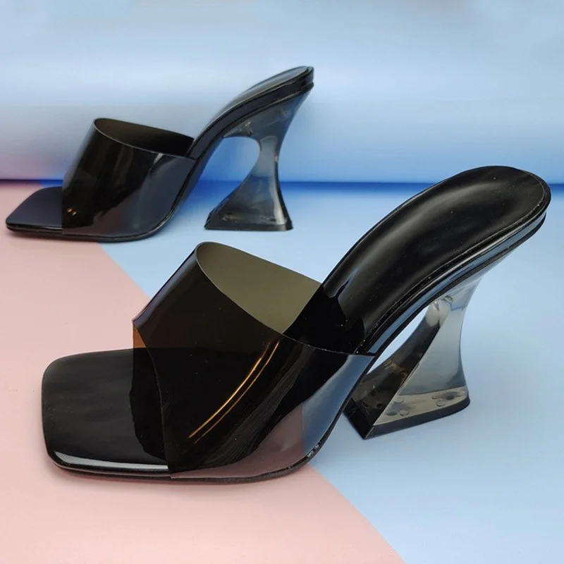 2022 Transparent PVC Women\'s Slippers Fashion Square toe Cup heeled Summer Female Mules Slides crystal High heels Sandals Shoes