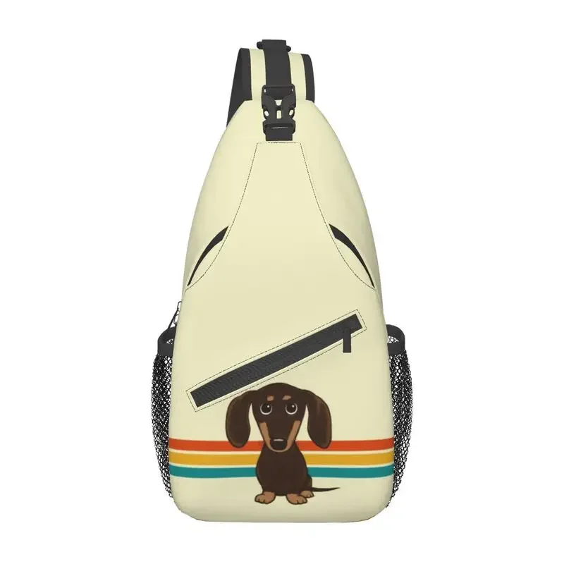 Cute Chocolate Dachshund Sling Chest Bag Customized Cartoon Wiener Dog Shoulder Crossbody Backpack for Men Traveling Daypack