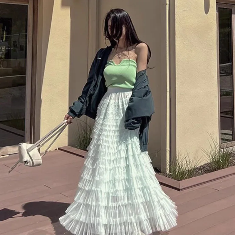 

Chic High Waist Lace Me f Skirt Women's Puffy Cake Long Skirt Spring Design Trendy A-Line Silhouette Fre Sle