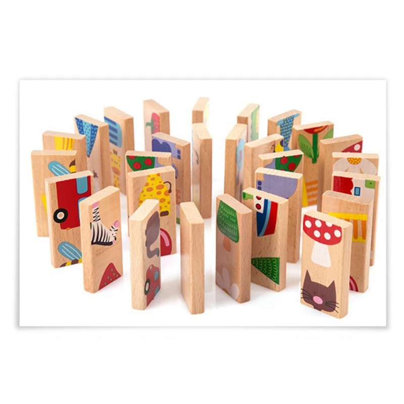 Baby Toys Domino Beech Wood Carton Animal Solitaire Domino 28Pcs Building Blocks Classic Educational Toys