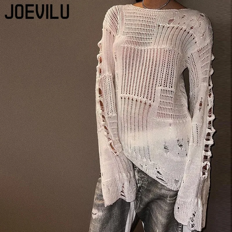 Suéter de punto hueco gótico vintage para mujer con agujeros rasgados Estilo Grunge Y2K Top de verano holgado de manga larga fino en negro