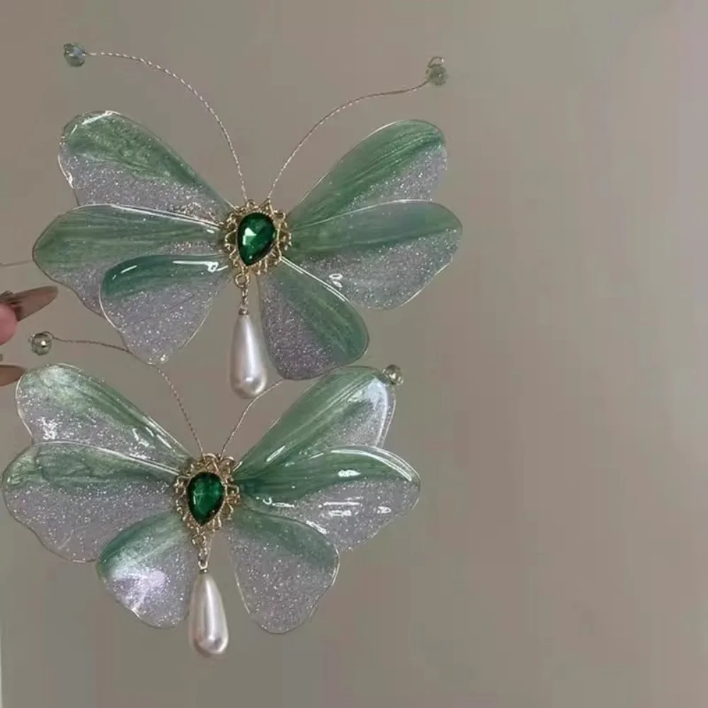 Smart 1 Pair Butterfly Hairpin Glitter Pearl Pendant Side Clip Green Rhinestones Hairpin Accessories Gifts