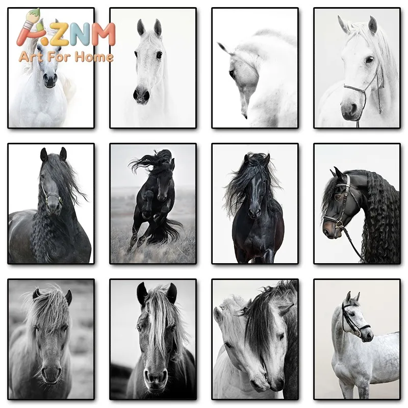 Black and White Horse Portrait Poster Print Canvas Painting Horses Running Animal Wall Art Picture for Farmhouse Room Home De