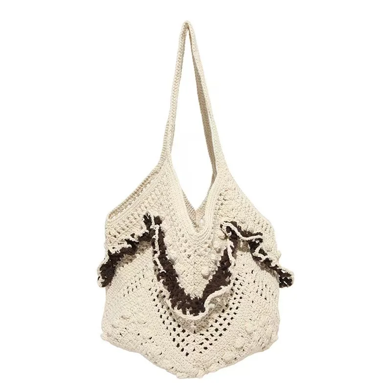 Boho Hollow Crochet Knit Tote Women Ruffle Lace Large Capacity Woven Shoulder Bag Multi Color Daily Travel Ladies Underarm Bag