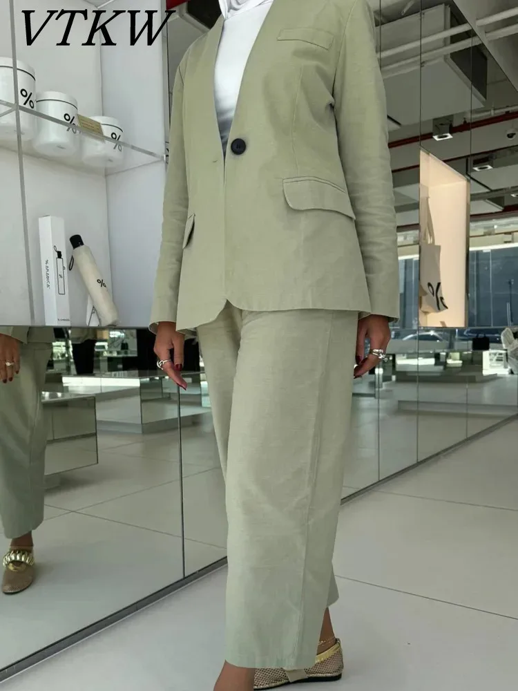 

VTKW V-neck One-button Design 2025 Spring New Women's Blazer Of High Quality, Loose And Long Two-piece Suit Set