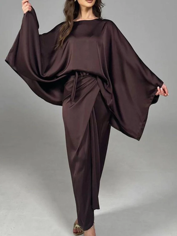 Casual Satin Shawl Irregular Office Two-Piece Set Stylish Vintage Lace-Up Top and Skirt Elegant Bat Wing Sleeve Party Suit