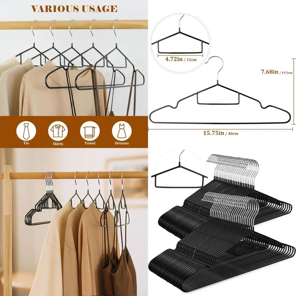 

50-Pack Black Metal Hangers with Non-Slip, Tie Bar, and Shoulder Notches for Heavy-Duty Use