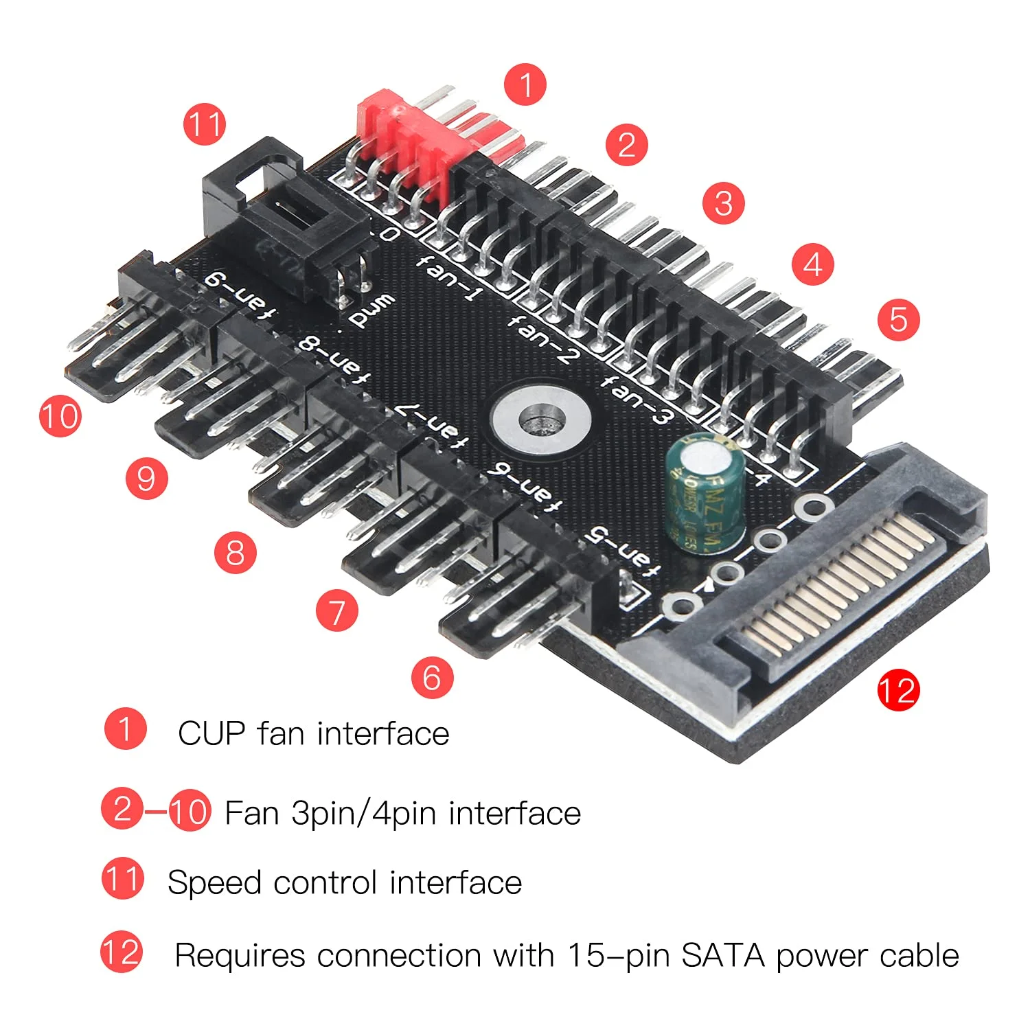 Controlador de concentrador de ventilador PWM de 4 pines, 1to10, 12V, Molex, Sata, PWM, adaptador divisor, reemplazo de enchufe, concentrador de controlador de velocidad de PC