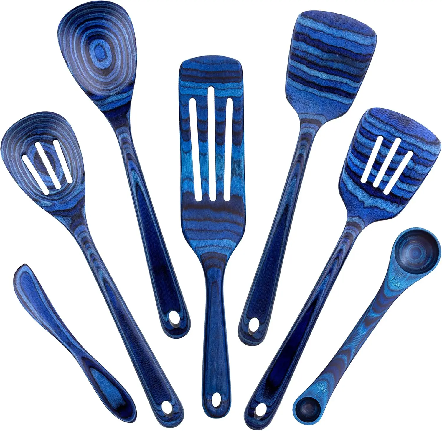 

7-Piece Blue Bamboo Cooking Utensil Set, Safe for Nonstick Cookware