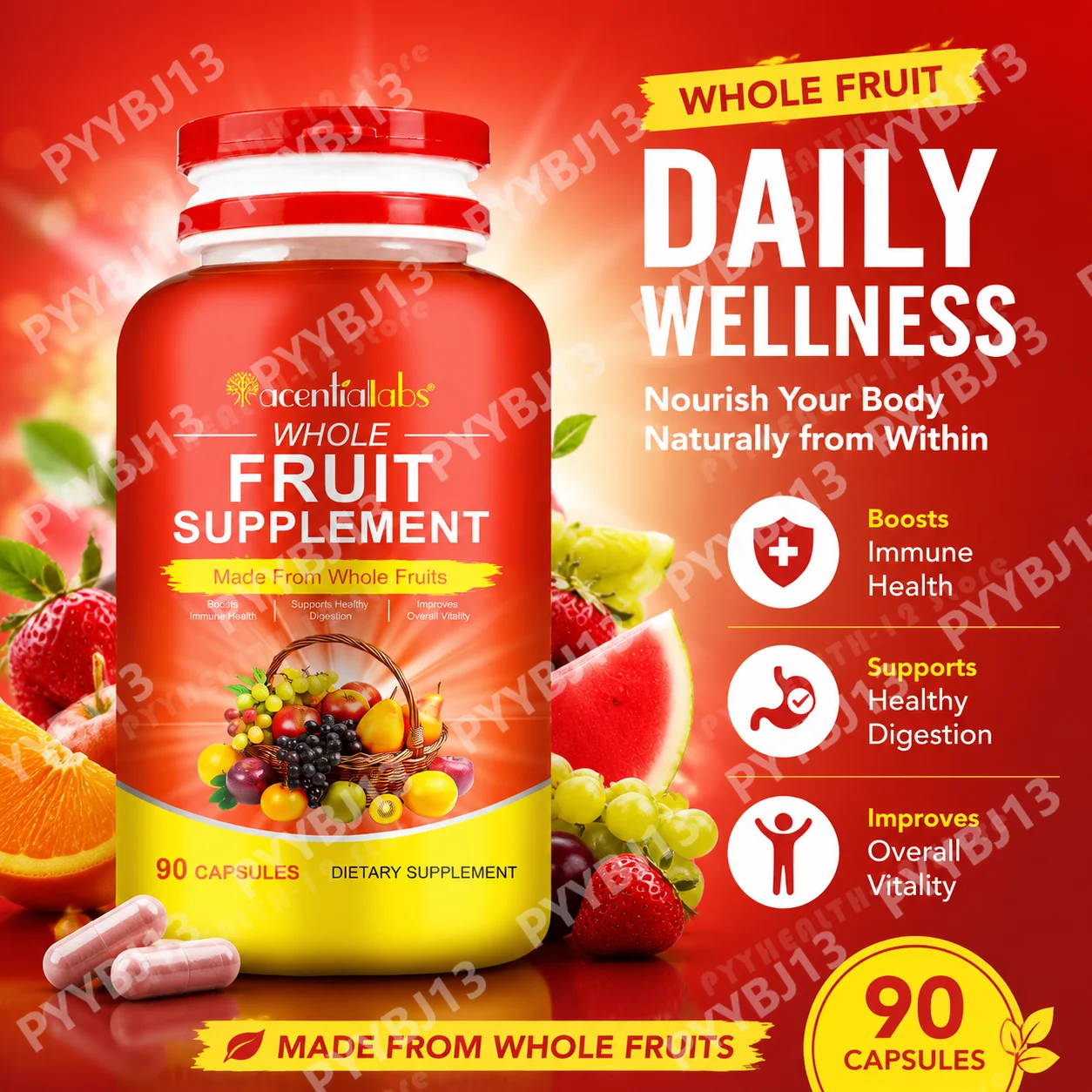 Whole Fruit Vegetable Capsules with Papaya Apple Broccoli Blend for Digestive Health & Immune Wellness Support,Boost ，90 Countn