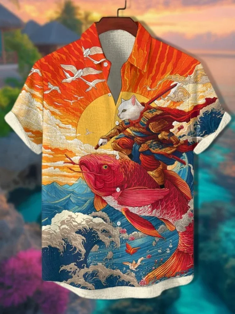 

Men's Carp And Cat Ukiyo-e Art Print Short Sleeve Shirt Vintage Vivid Color Chinese Style Tops 2025 Buttons Y2k Summer Blouses