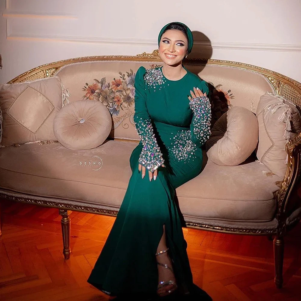 Customized Prom Gowns Women's Long Sleeve O Neck Evening Gown Pleated Satin Beaded Crystal Floor Length