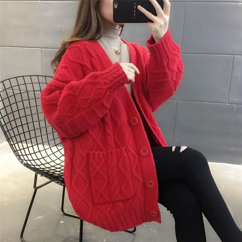 Women Autumn Winter Korean New V-neck Knit Cardigan Commuter Fashion Button Pocket Splicing Thickened Long Sleeved Sweater Coat