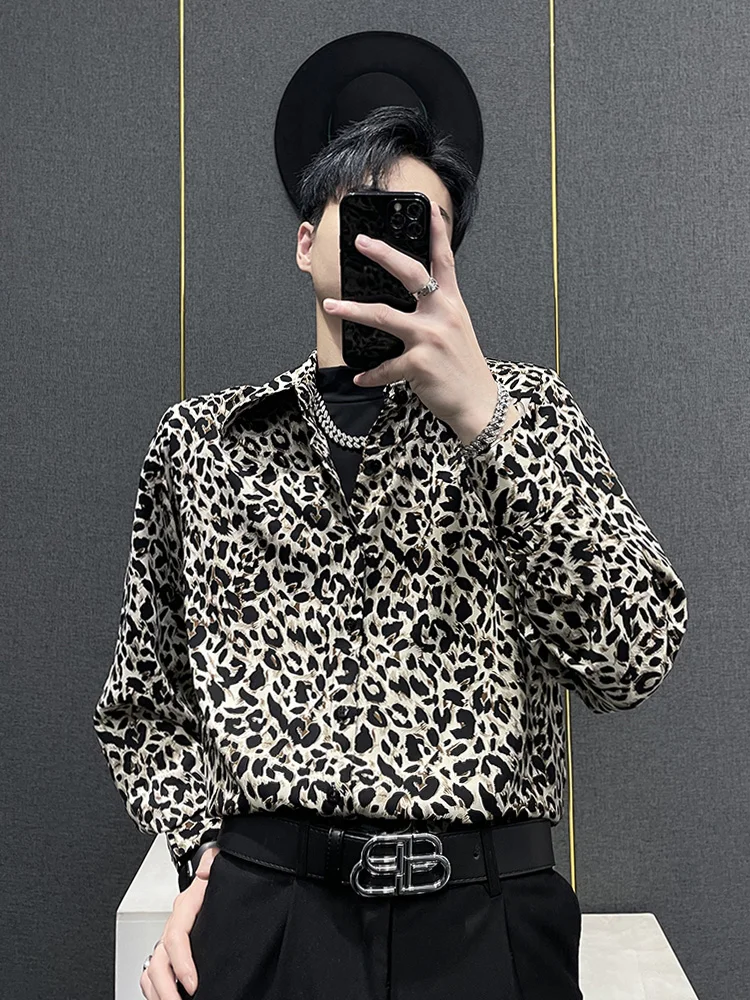 

Summer Men's Loose Fit Long Sve Ice Silk Leopard Print irt Faionable Vintage Chiffon Top Youthful Trend arp Collar