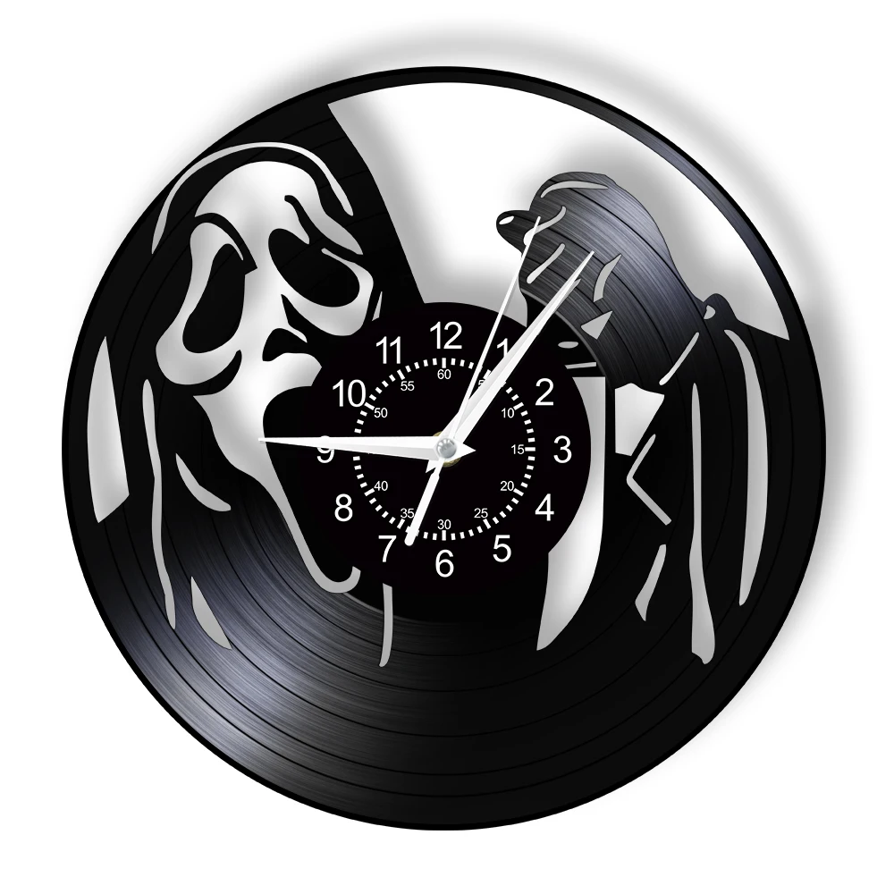 Horror Ghost With Knife Laser Cut Vinyl Record Wall Clock Music Album Home Decor Halloween Skull Face Silent Quartz Wall Watch