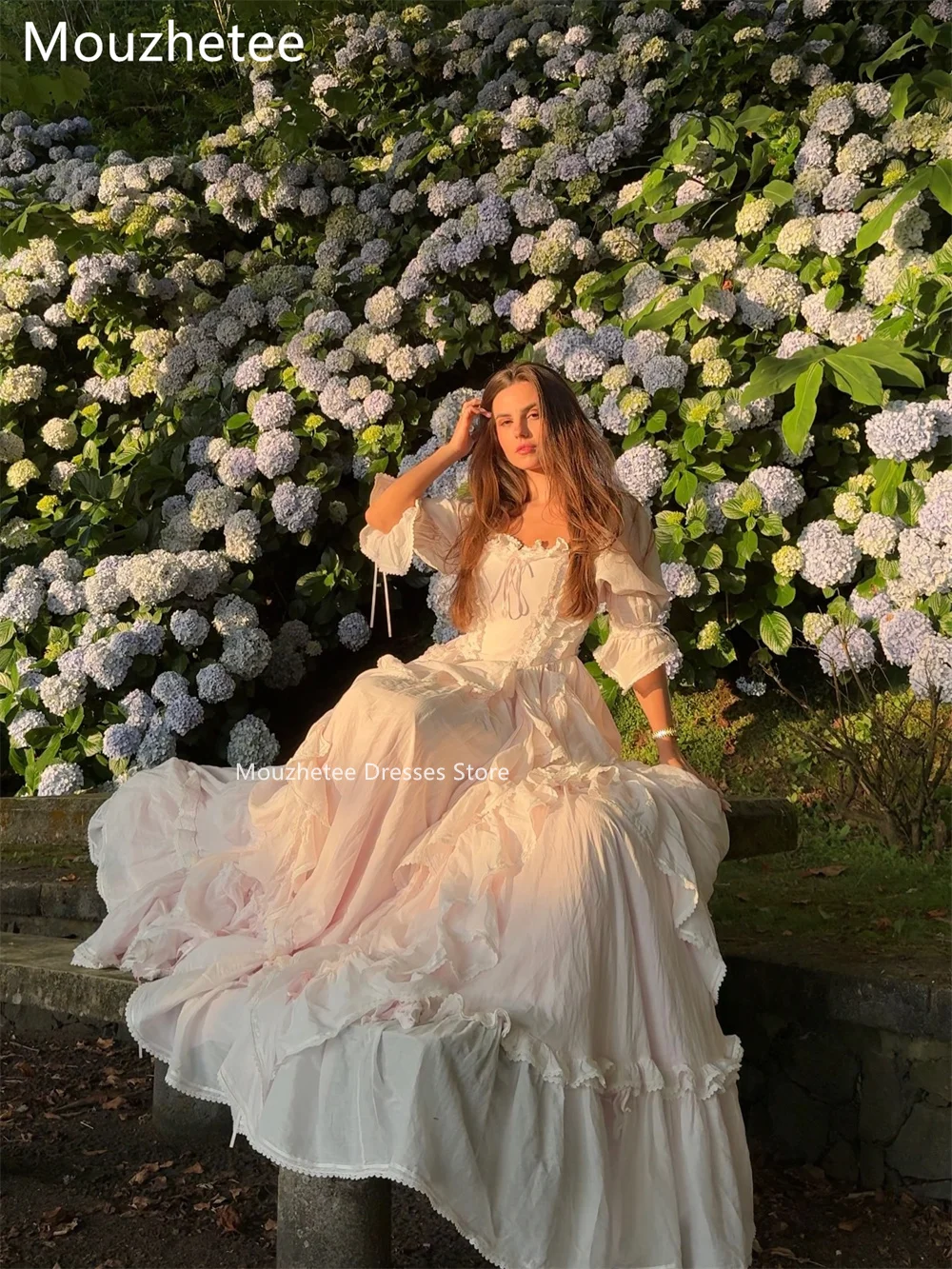 Mouzhetee A-Line Elegant Spoon Neck Lace Wedding Dresses Simple Long Sleeve Pleat Brides Gown Custom Made 2026