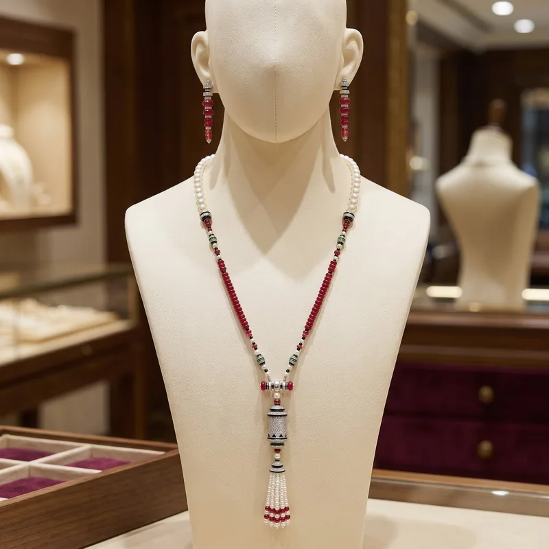 Europe America Vintage Style Long Necklace Earrings Inlay Cubic Zircon Tassels Lantern Pendant Red Beads Pearl Chain Jewelry Set