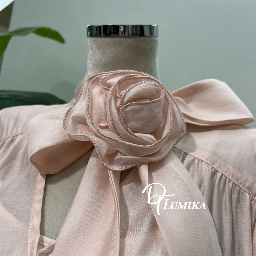 DTLumika - 秋の新作ピンク花柄シャツ＆スカート、シフォン長袖Tシャツとジッパー付きギャザースカート レディースファッションコーデ