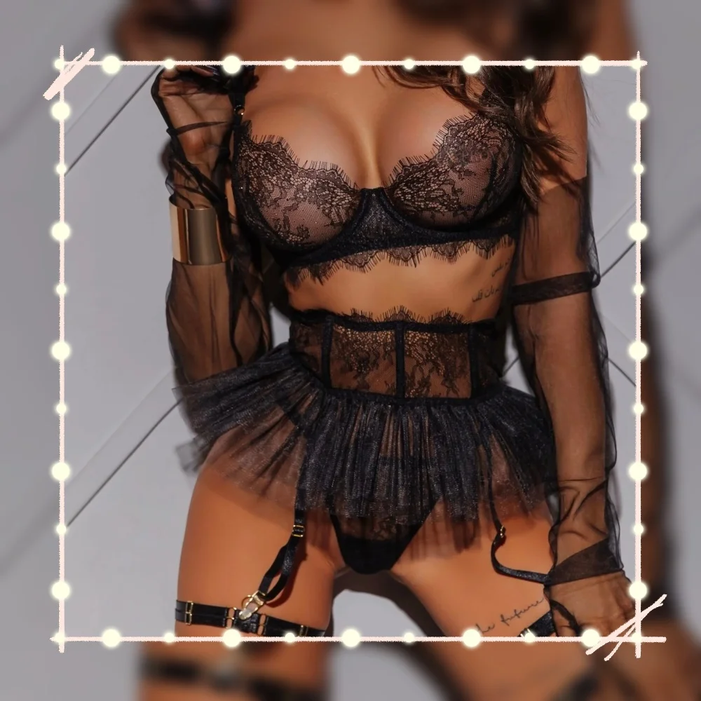

Valentine Lingeries Sexy Hot Seductive Tulle Belt Bra 3PC with Leg Circles Allure Eyelash Lace Intimate Dancer Clubwear