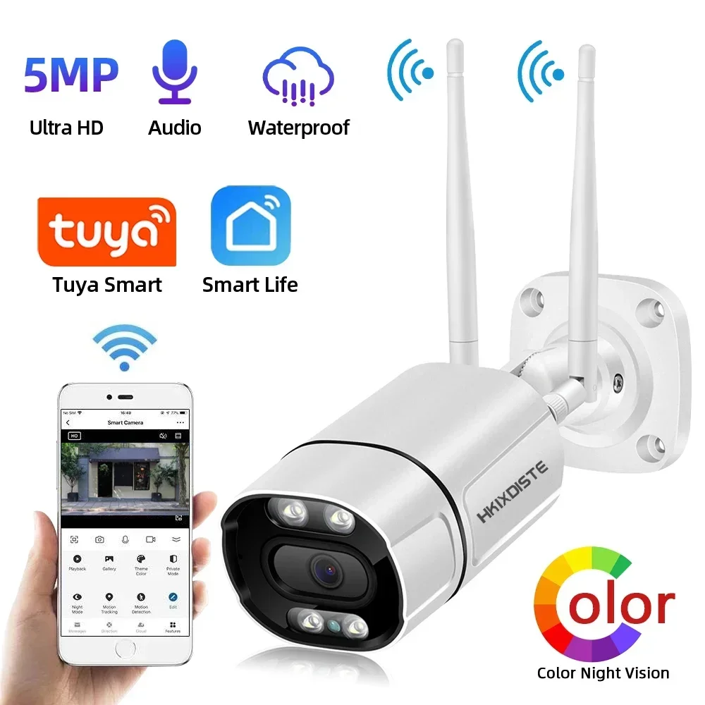 Tuya Smart Life 5MP Wifi IP Security Camera Outdoor Color Night Vision Wireless Monitoring Cam 1080P HD CCTV Surveillance Camera