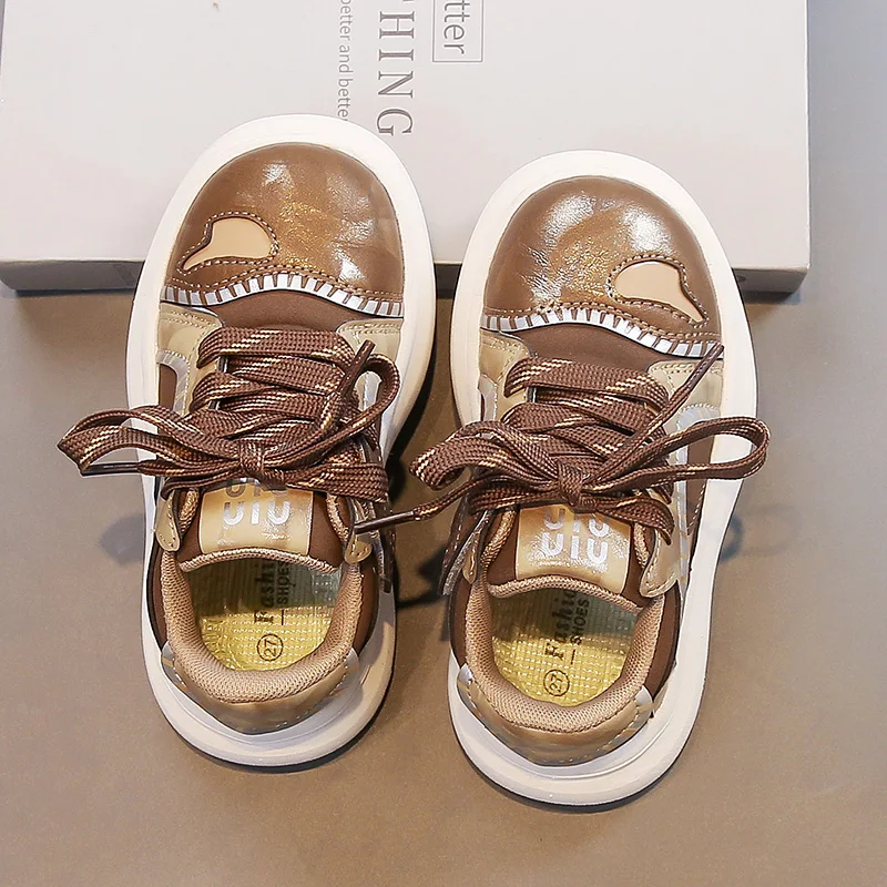 Kids Contrast Patch Skate Shoes Stitched Outline Logo Lace Up Thick Platform Sole Non Slip Casual Walking Footwear