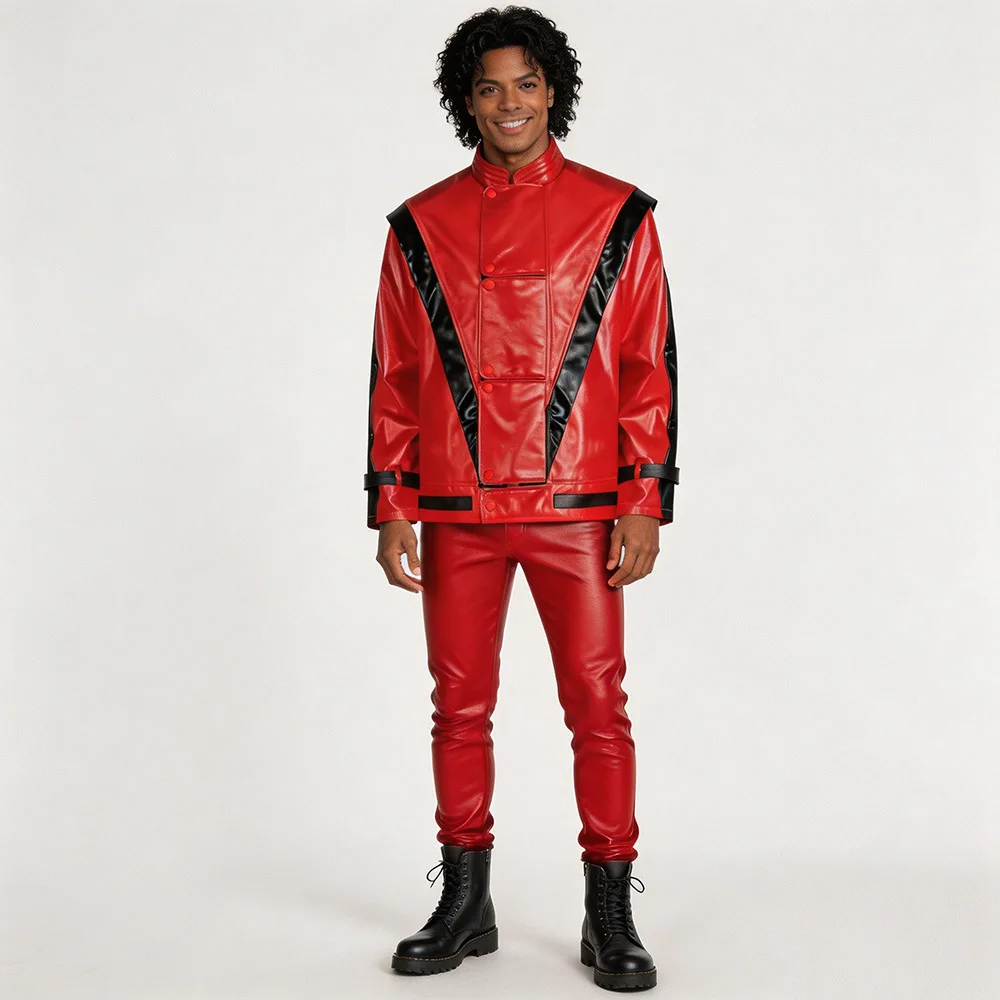 Red Faux Leather Jacket Retro Singer Inspired Stage Costume Halloween Carnival Fancy Outfit Wig Optional