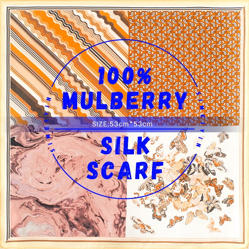 

100% Pure Mulberry Silk Scarf Retro Butterfly & Paisley Print 53x53cm Lightweight Kerchief for Neck Hair Wrist Bag Decor