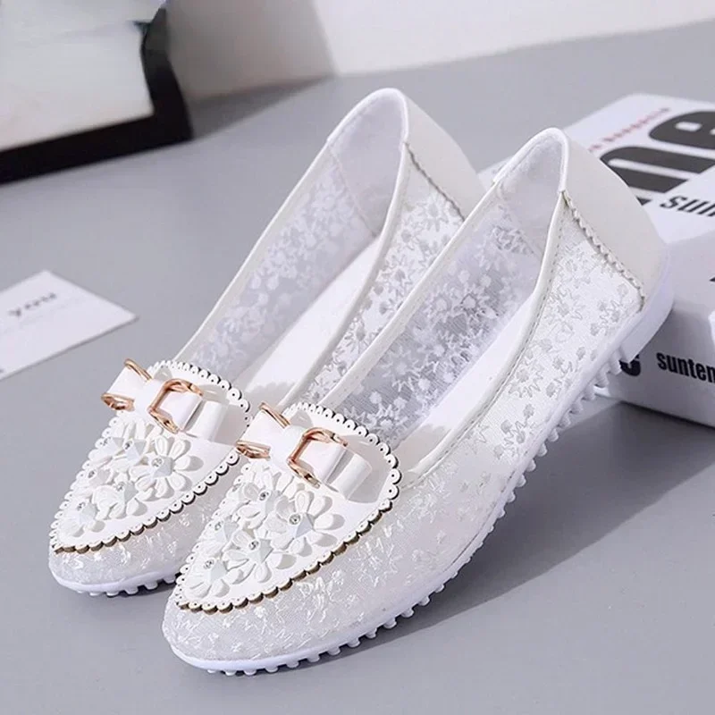 2024 Spring Flat Shoes for Women Ballet Breathable Lace Casual Shoes Female Light Slip-on Flat Comfort Loafers Ladies Zapatos