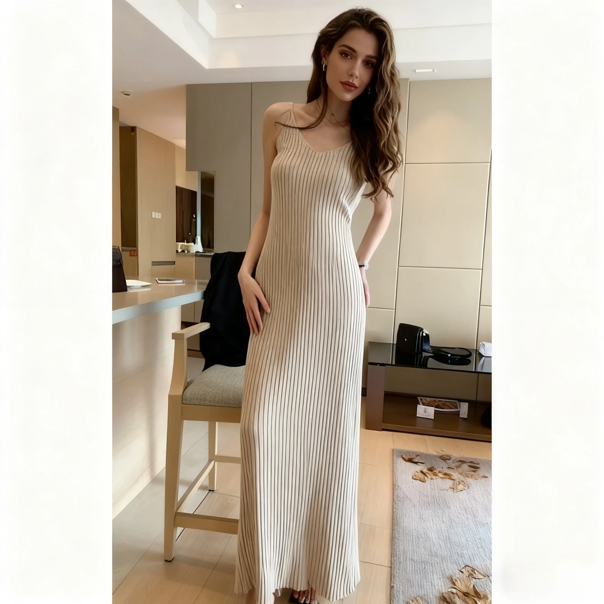 فستان نسائي أنيق جديد للخريف متعدد الألوان ورقبة على شكل حرف v مضلع بدون أكمام فستان كامي ميدي، مثير بقصة ضيقة، قماش متماسك ناعم #5