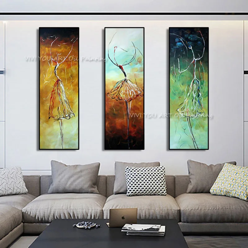 100% Handmade Modern Fashion Decoration Oil Paintings 3 Panels Ballet Dancing Women Painting On Canvas For Living Room Decor