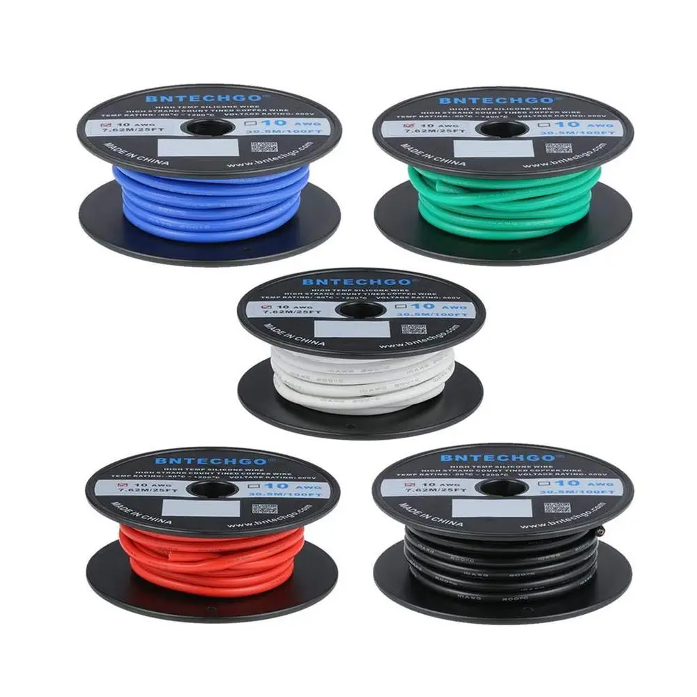 10 AWG Silicone Wire Kit 125ft 600V 5 Color Flexible Copper Stranded Rubber Wire