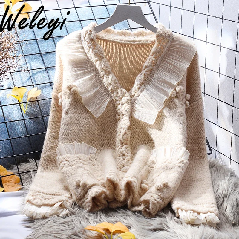 

Japanese Sweet V-neck Ruffled Short Knitted Cardigan 2024 Autumn Winter New Loose Women's Long Sleeve Sweater Coat Outer Wear