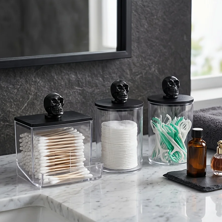 3pcs Qtips Holder Bathroom Container, 10/7 OZ Cotton Ball/Swabs Dispenser, Apothecary Jar Organizer Halloween Decoration