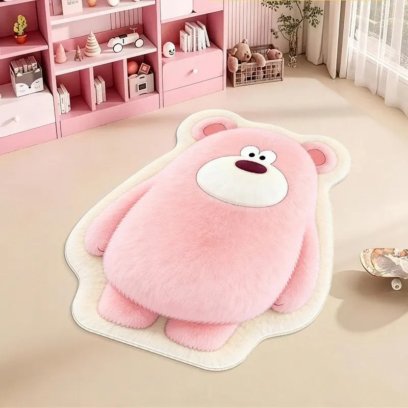 VIKAMA Cute Standing Pink Cartoon Bear Bath Rug, Soft Flannel Plush Non Slip Bath Mat, Washable Absorbent Kids Floor Mat Decor