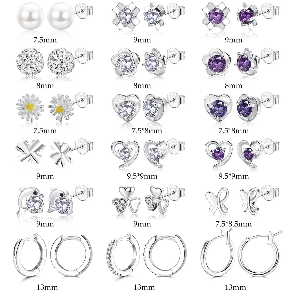 20Pairs/Lot Fashion 925 Sterling Silver Needle Rhinestone Flowers Heart Stud Earrings Jewelry For Women Girls Wholesale