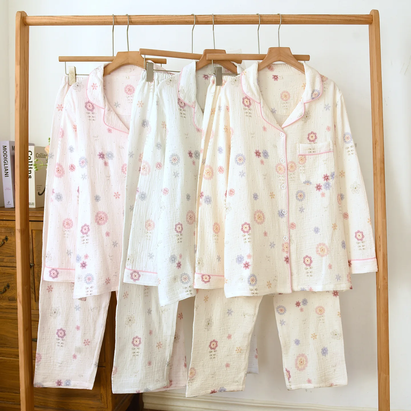 100% Cotton Women's Pajama Set Spring Double Layer Gauze Pajamas For Women Long Sleeve Loose Home Clothes lady pajamas Casua