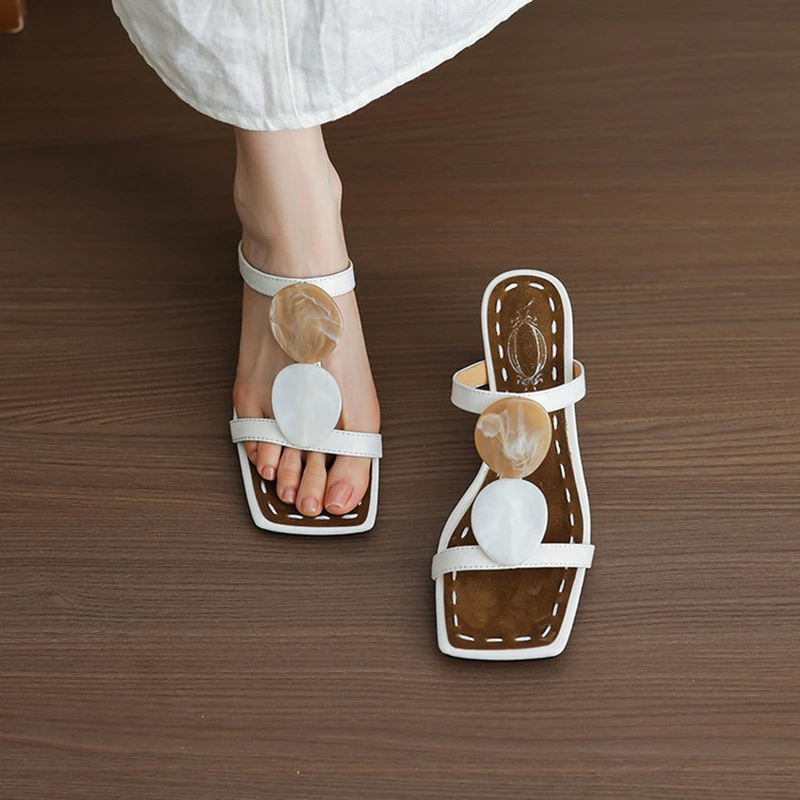 NEW Summer Women Slippers Split Leather Shoes for Women Square Toe Strange Shoes Narrow Band Sandals Open Toe Modern Slippers
