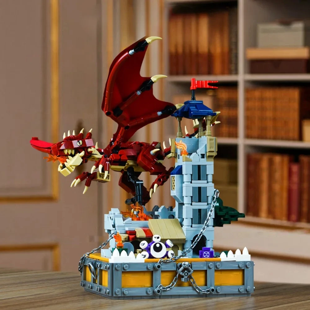 Magical Otherworld Building Blocks Dungeons and Dragons Series Model Children Toys with Fire-Breathing Red Dragon Ruined Towers