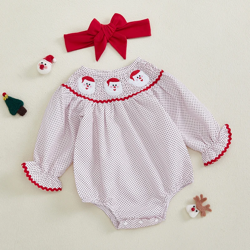 Smocked Baby Girl Clothes Christmas Romper Snowman Embroidery Long Sleeve Smocked Jumpsuits Bow Headband Outfits