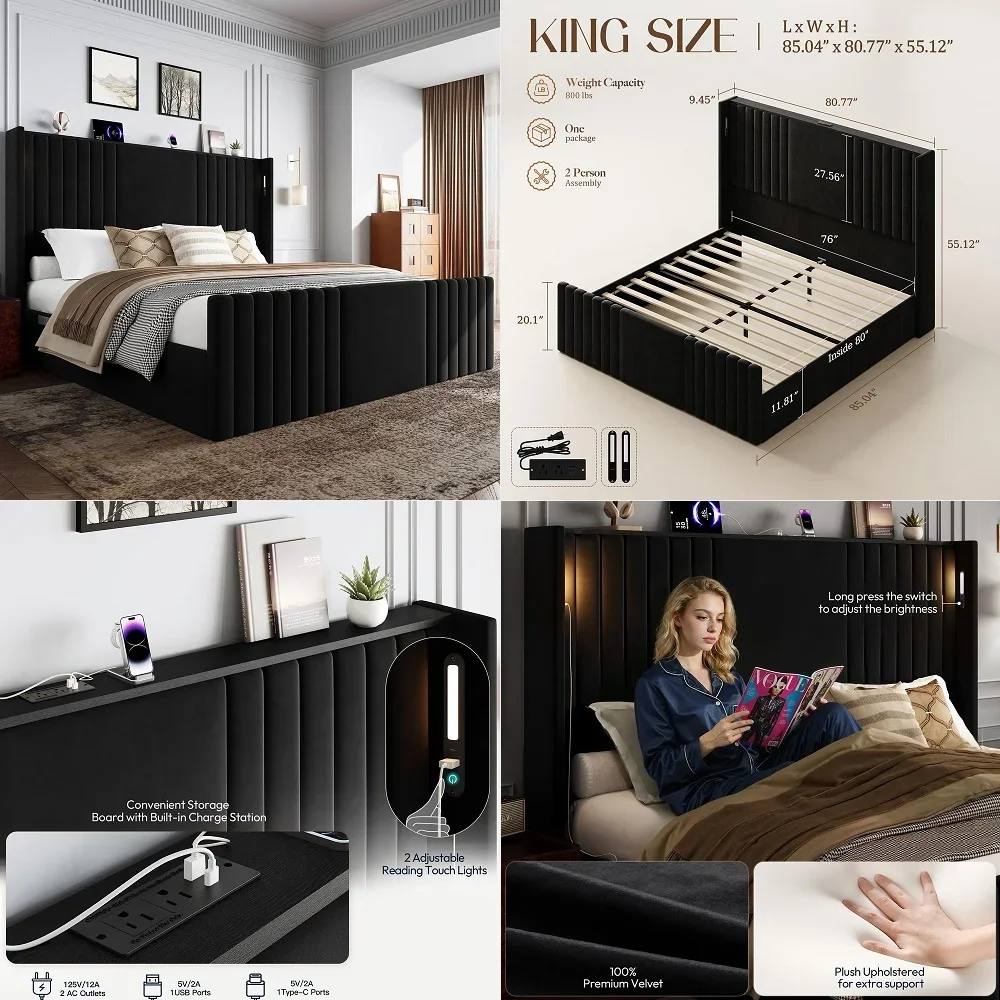 

Size Bed Frame with 55.1 Tall Headboard, Velvet Upholstered Platform Bed with Channel Tufted Wingback, 2 Reading Lights Storage