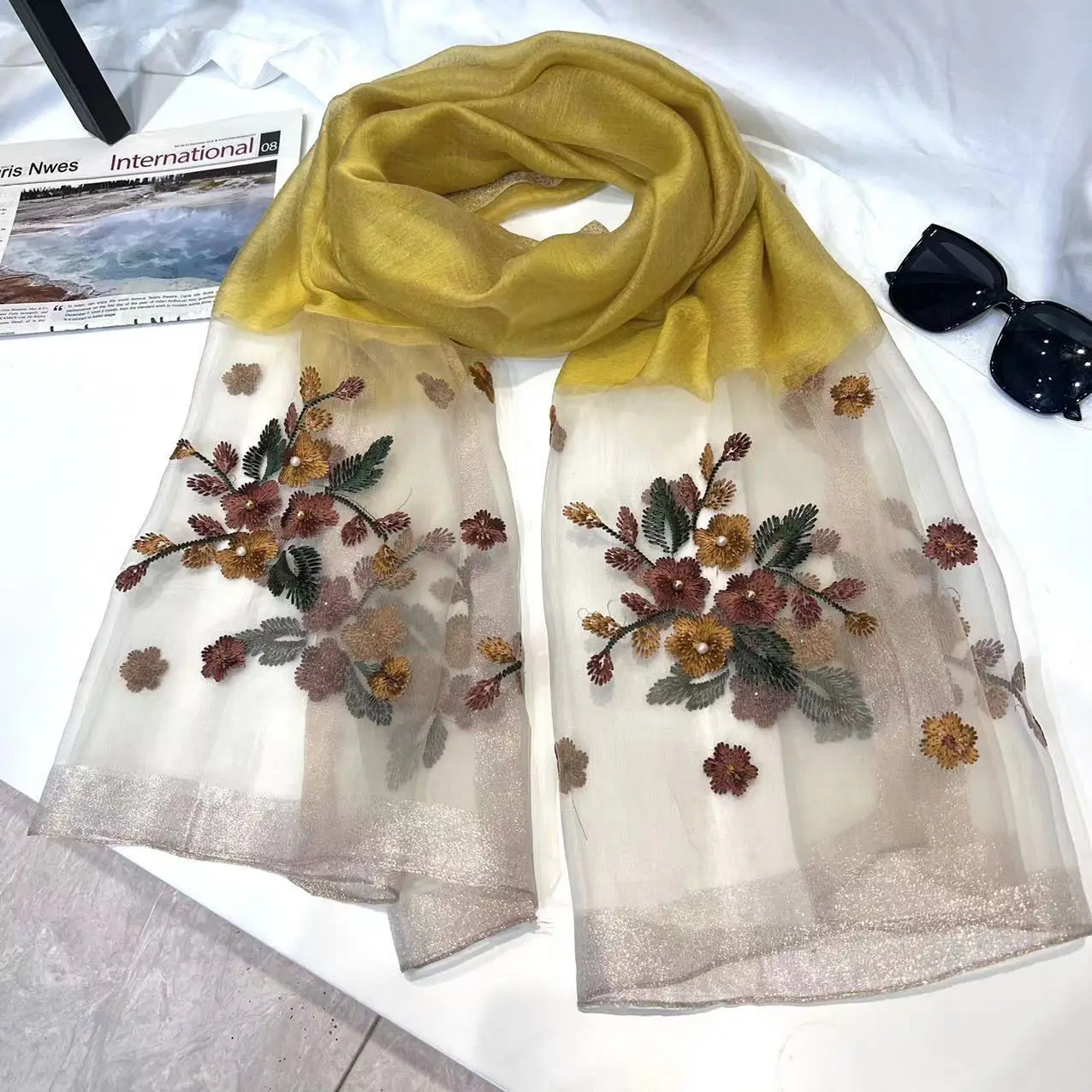 Fashion Organza Silk Scarf With Embroidered Shawl Women Pearl Hijab Elegant Long Scarves Summer Solid Color Headscarf 180*70cm